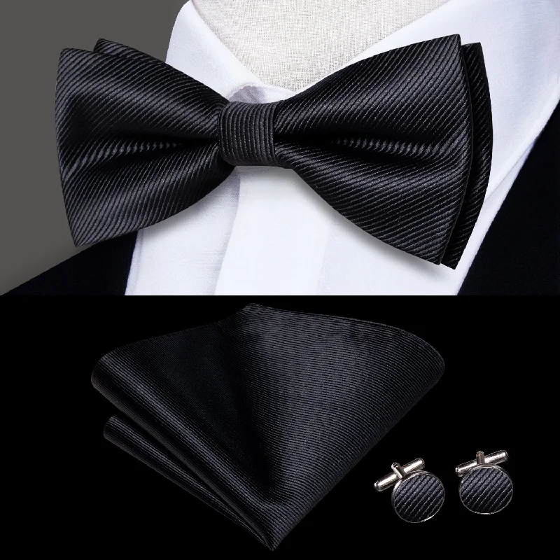 solid color bow ties for weddings-Black Striped Men's Pre-tied Bowtie Pocket Square Cufflinks Set