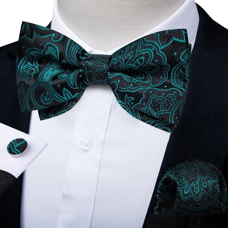 slim-fit silk necktie designs-Black Teal Blue Paisley Men Pre-tied Bowtie Pocket Square Cufflinks Set