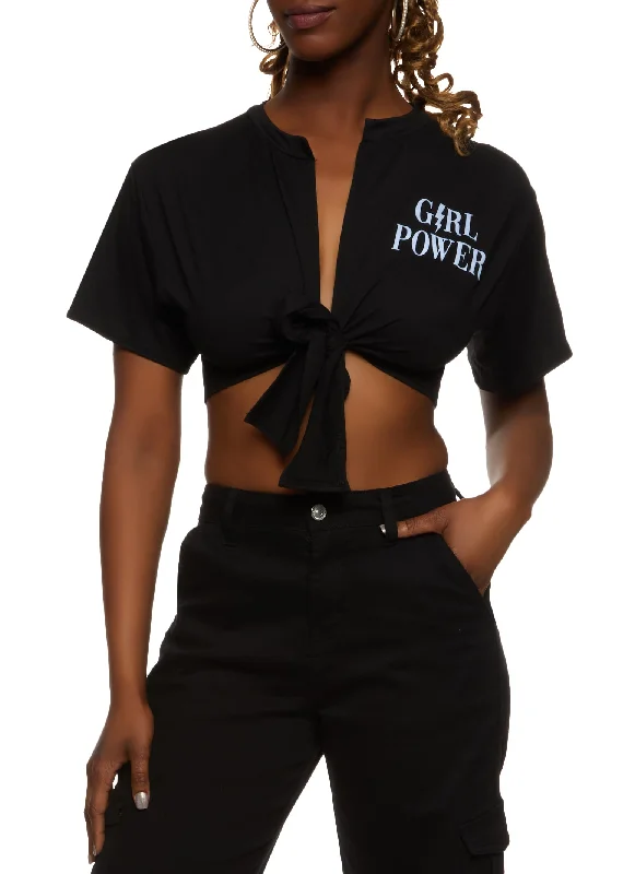 men's necktie collections-Tie Front Grl Power Cropped Graphic Tee