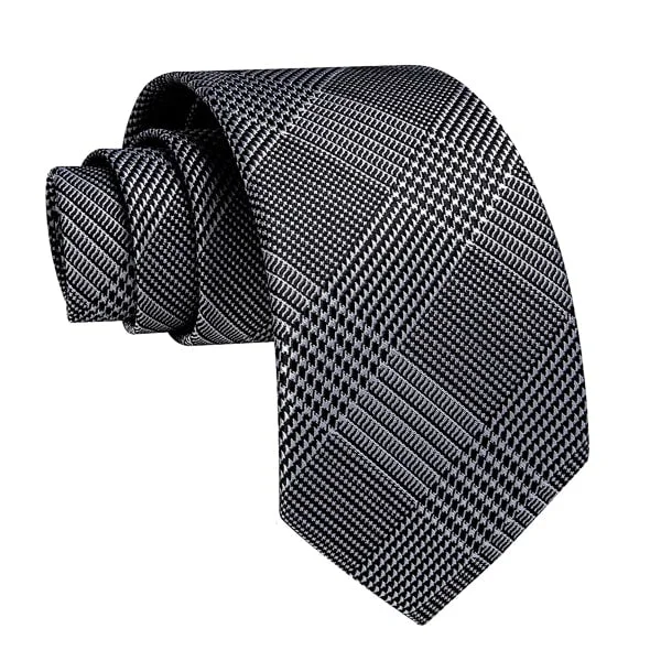 elegant business tie combinations-Classy Men Black White Glen Plaid Silk Tie