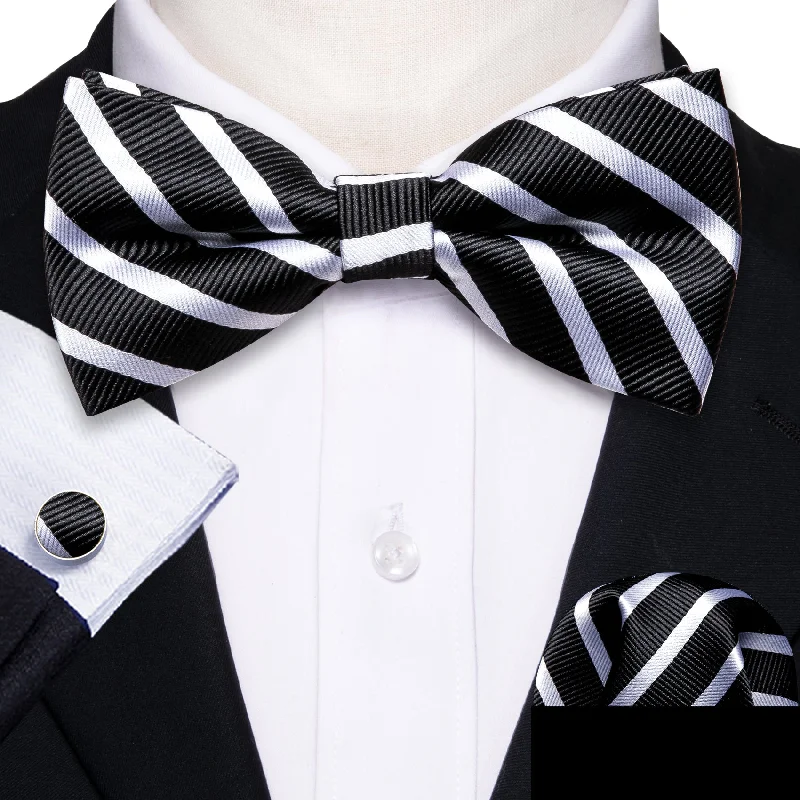 unique office tie collections-Black White Striped Men's Pre-tied Bowtie Pocket Square Cufflinks Set