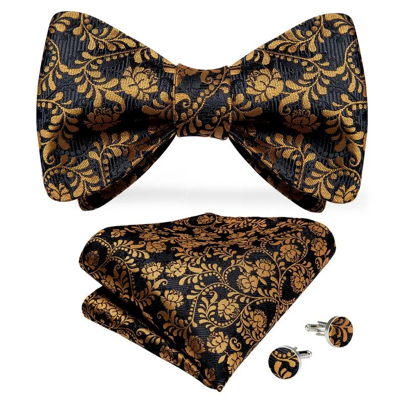 men's casual wedding neckties-Black Yellow Floral Self-tied Bow Tie Pocket Square Cufflinks Set