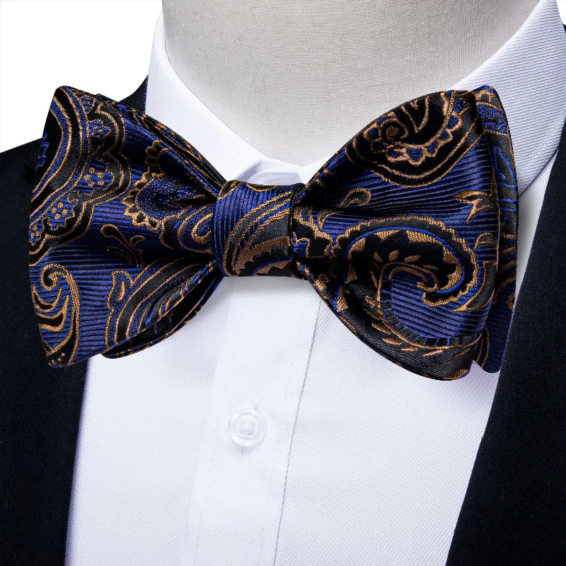 stylish slim neckties for men-Blue Black Golden Paisley Self-tied Bow Tie Pocket Square Cufflinks Set