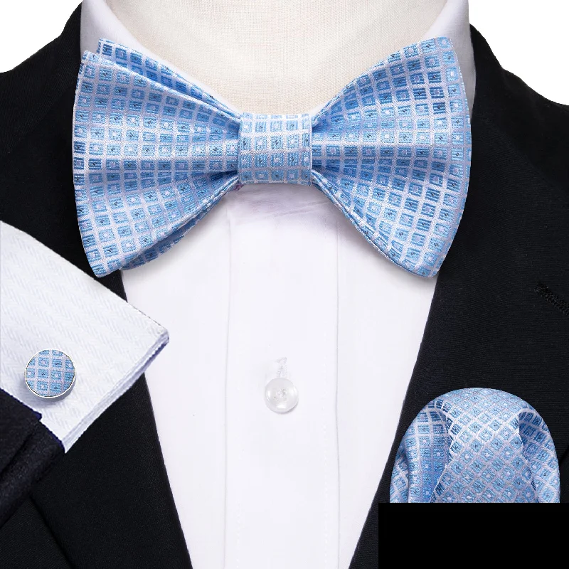 patterned necktie sets-Blue Black Novelty Self-tied Bow Tie Pocket Square Cufflinks Set