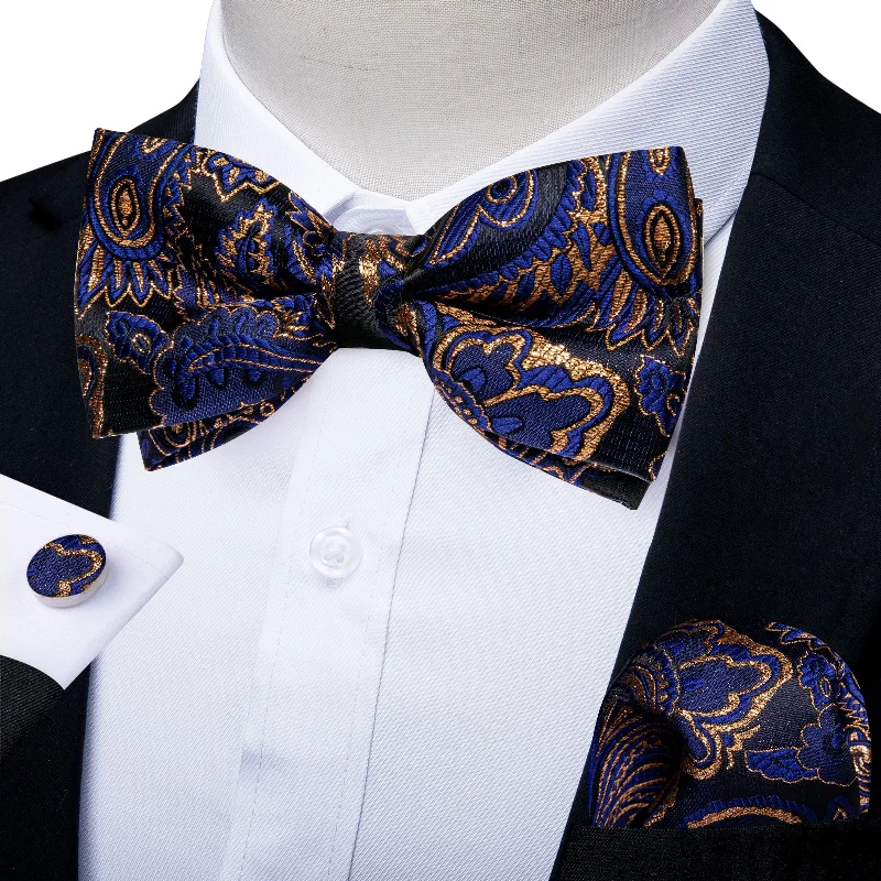 stylish bow ties for formal occasions-Blue Golden Floral Silk Pre-tied Bow Tie Hanky Cufflinks Set