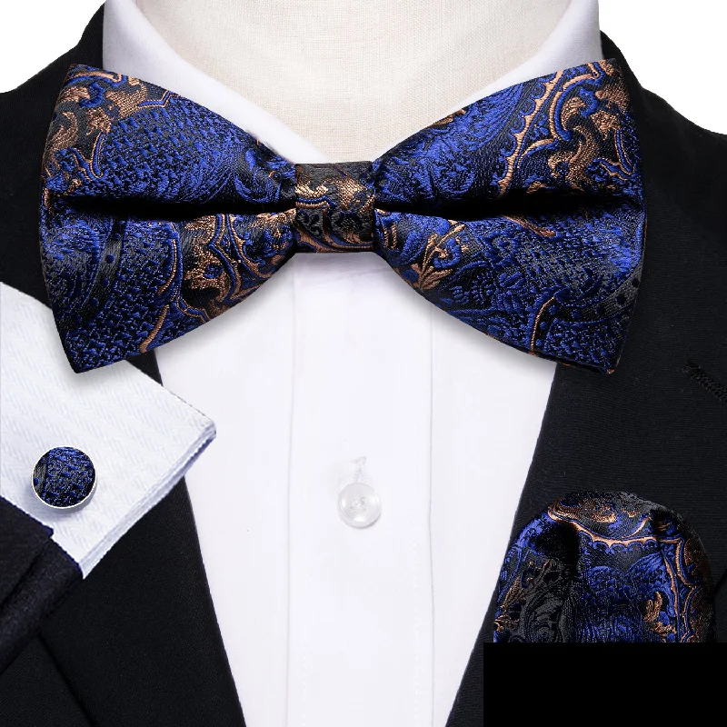 men's silk wedding tie sets-Blue Golden Paisley Pre-tied Silk Bow Tie Pocket Square Cufflinks Set