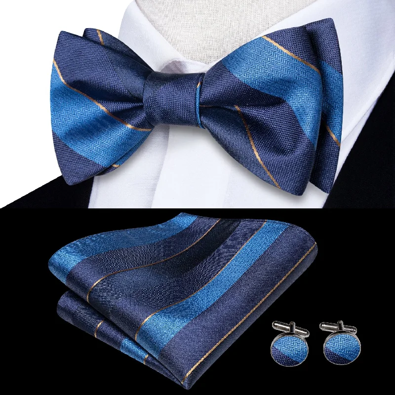 classic plaid neckties-Blue Gradient Striped Self-tied Bow Tie Pocket Square Cufflinks Set