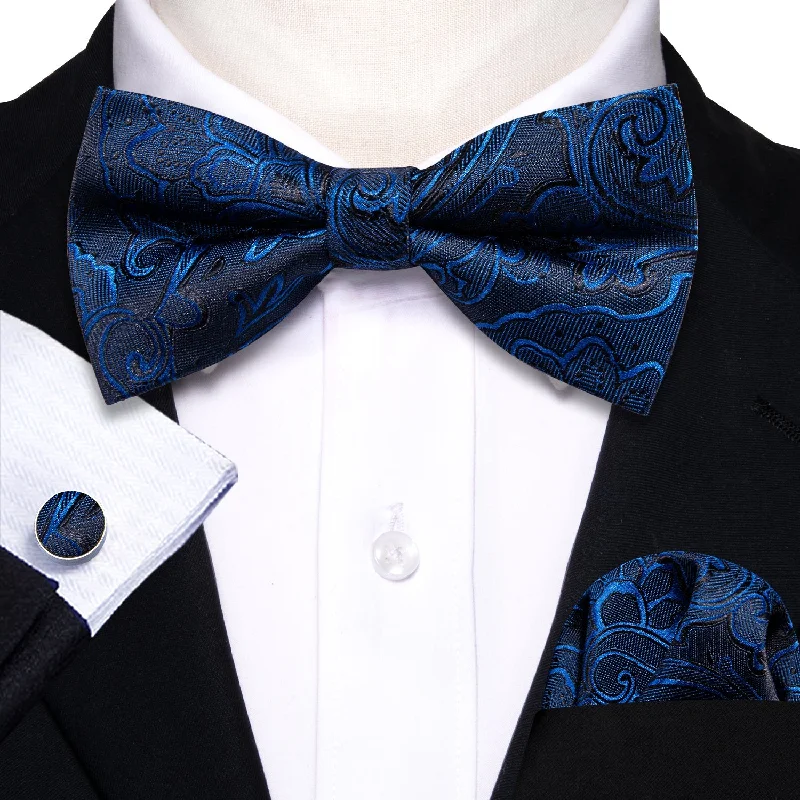 best necktie for weddings-Blue Paisley Pre-tied Bow Tie Hanky Cufflinks Set