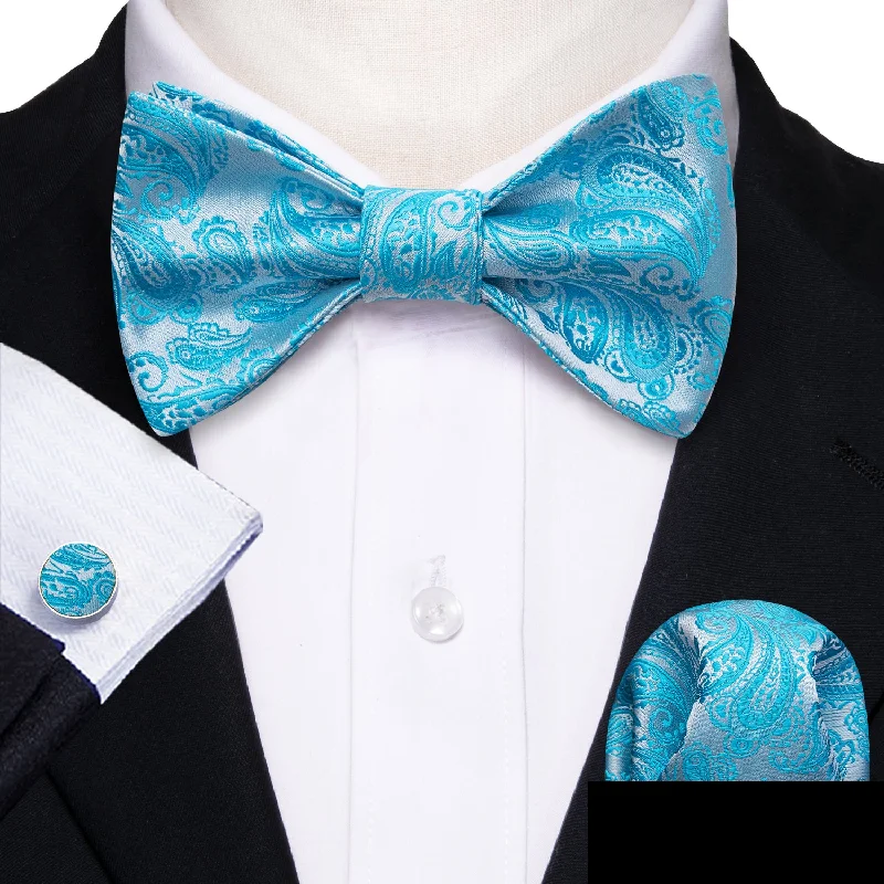 men's business event bow ties-Blue Paisley Self-tied Bow Tie Pocket Square Cufflinks Set