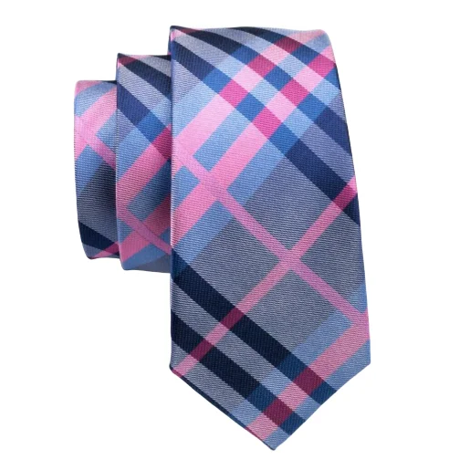 men's wedding necktie sets-Classy Men Blue Pink Tartan Silk Tie