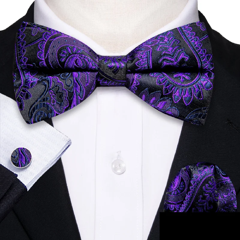 affordable business bow ties-Blue Purple Paisley Men Pre-tied Bow Tie Hanky Cufflinks Set