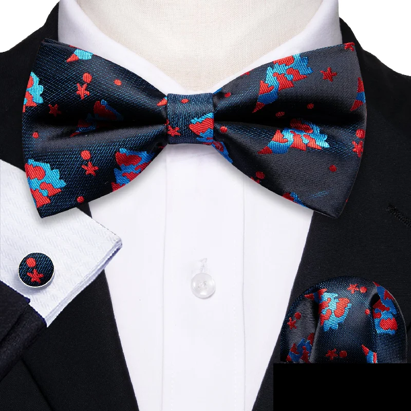 casual wedding neckties for men-Blue Red Christmas Tree Men's Pre-tied Bowtie Hanky Cufflinks Set