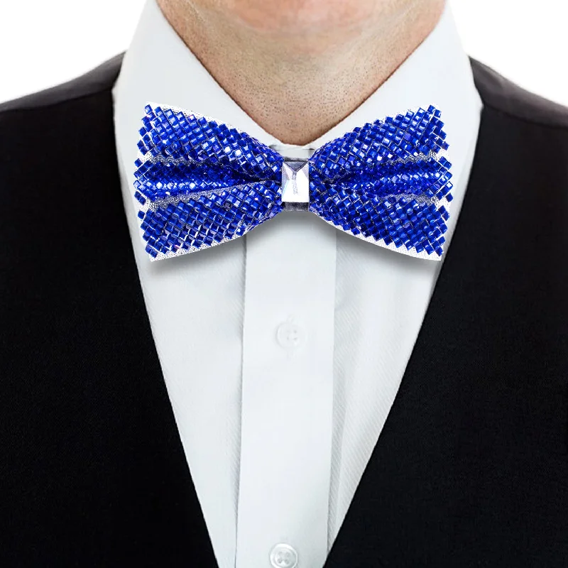 fun color neckties for weddings-Blue Rhinestone Bowtie Men's Pre-tied Bowtie for Party