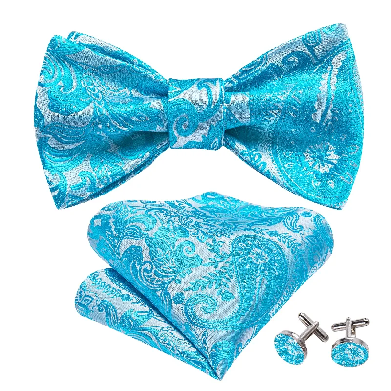 luxury office silk neckties-Blue Silver Paisley Flower Men's Pre-tied Bowtie Pocket Square Cufflinks Set