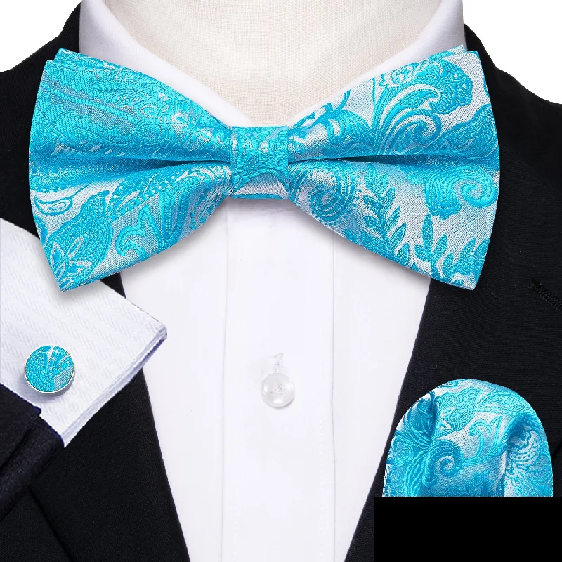 formal event necktie styles-Blue Silver Paisley Men's Pre-tied Bowtie Pocket Square Cufflinks Set