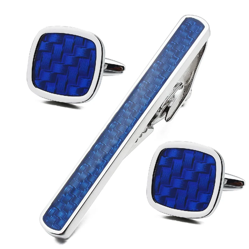 silk ties for casual outfits-Blue Woven Pattern Cufflink and Tie Clip Set