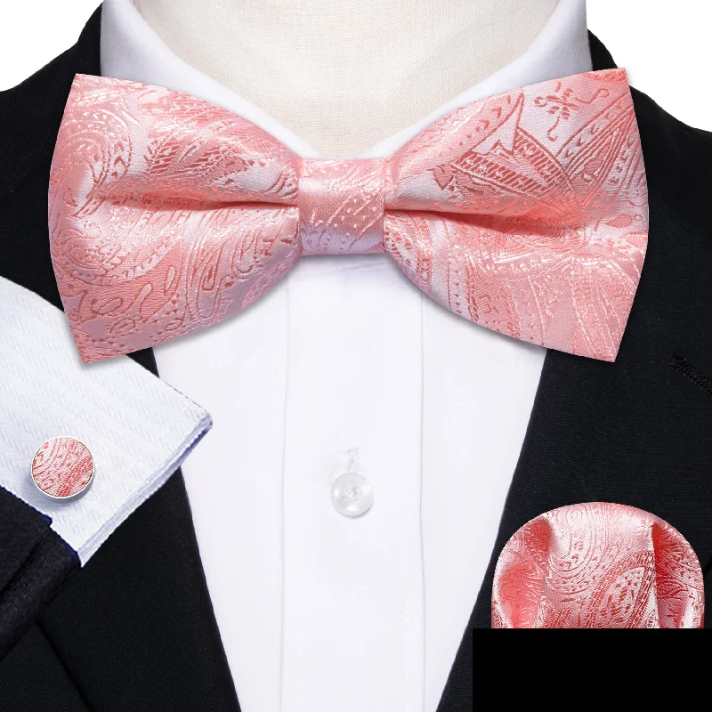 luxurious silk ties for business-Blush Pink Paisley Men's Pre-tied Bowtie Hanky Cufflinks Set