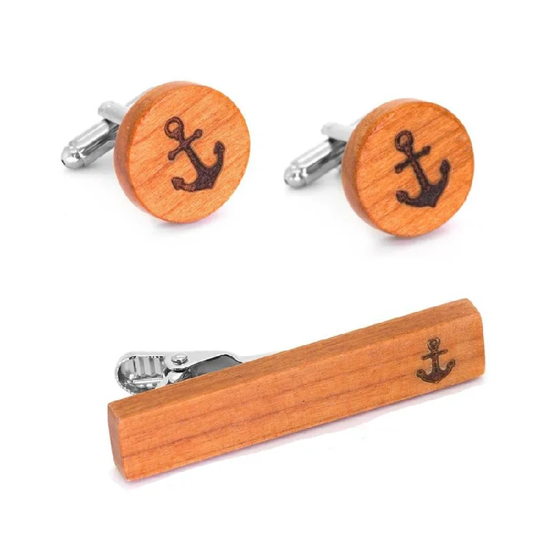 elegant designer neckties-Brown Wood Anchor Cufflinks & Tie Clip Set