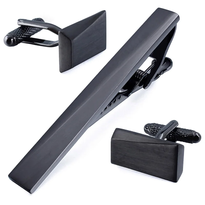 luxury business necktie sets-Brushed Gunmetal Angles Cufflinks and Tie Clip Set