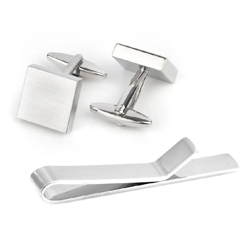 bold color ties for office wear-Brushed Silver Cufflinks & Tie Bar Set