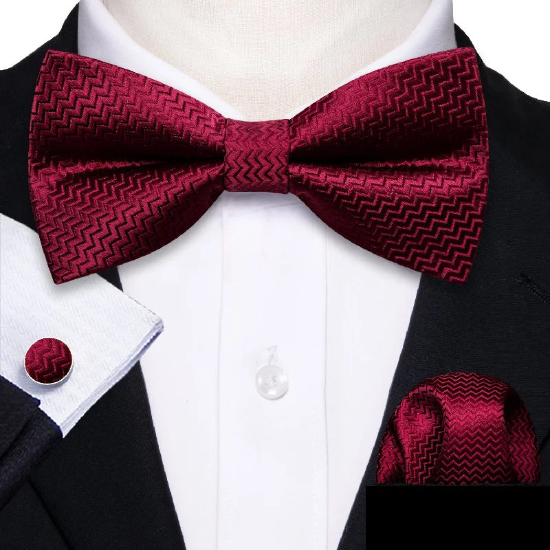 elegant designer neckties-Burgundy Novelty Men's Pre-tied Bowtie Pocket Square Cufflinks Set