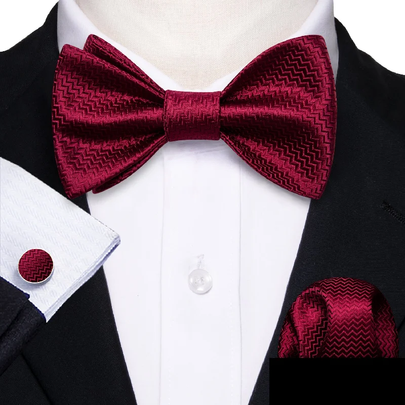 men's bow ties for weddings-Burgundy Novelty Self-tied Bow Tie Pocket Square Cufflinks Set