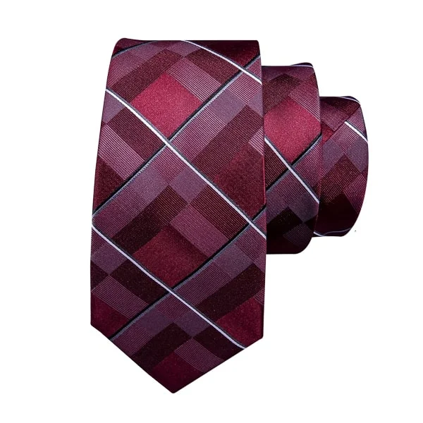 stylish slim neckties for men-Classy Men Burgundy Red Checkered Silk Tie