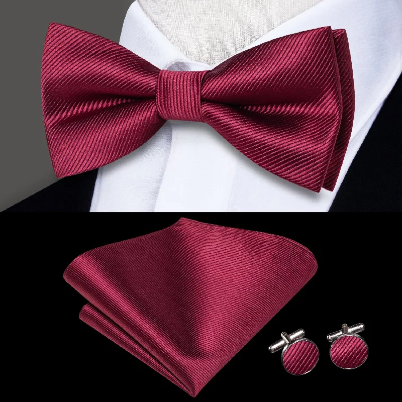 business formal necktie sets-Burgundy Red Striped Men's Pre-tied Bowtie Pocket Square Cufflinks Set