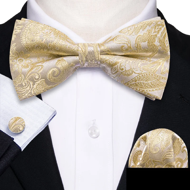 professional men's necktie sets-Champagne Paisley Men Pre-tied Bowtie Pocket Square Cufflinks Set