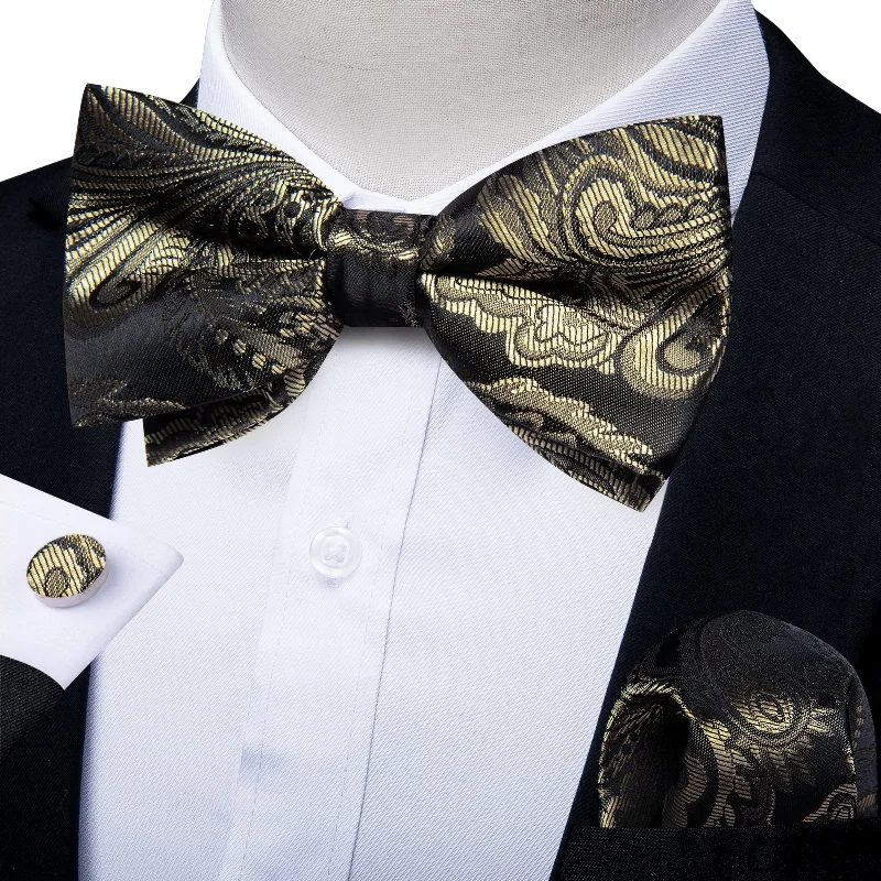 elegant business tie combinations-Champagne Paisley Men Pre-tied Bowtie Pocket Square Cufflinks Set