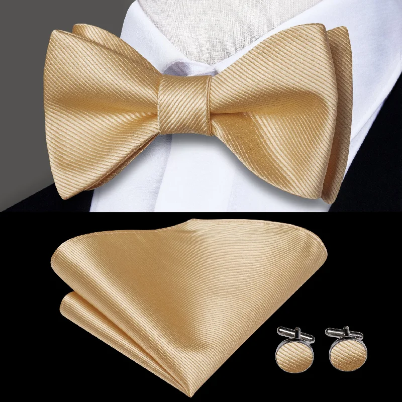 elegant silk ties for business-Champagne Solid Self-tied Bow Tie Pocket Square Cufflinks Set