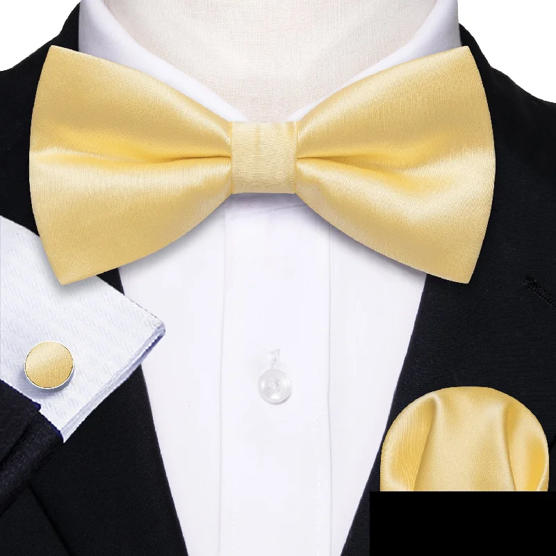 silk bow ties for business meetings-Cheese Yellow Solid Men's Pre-tied Bowtie Pocket Square Cufflinks Set