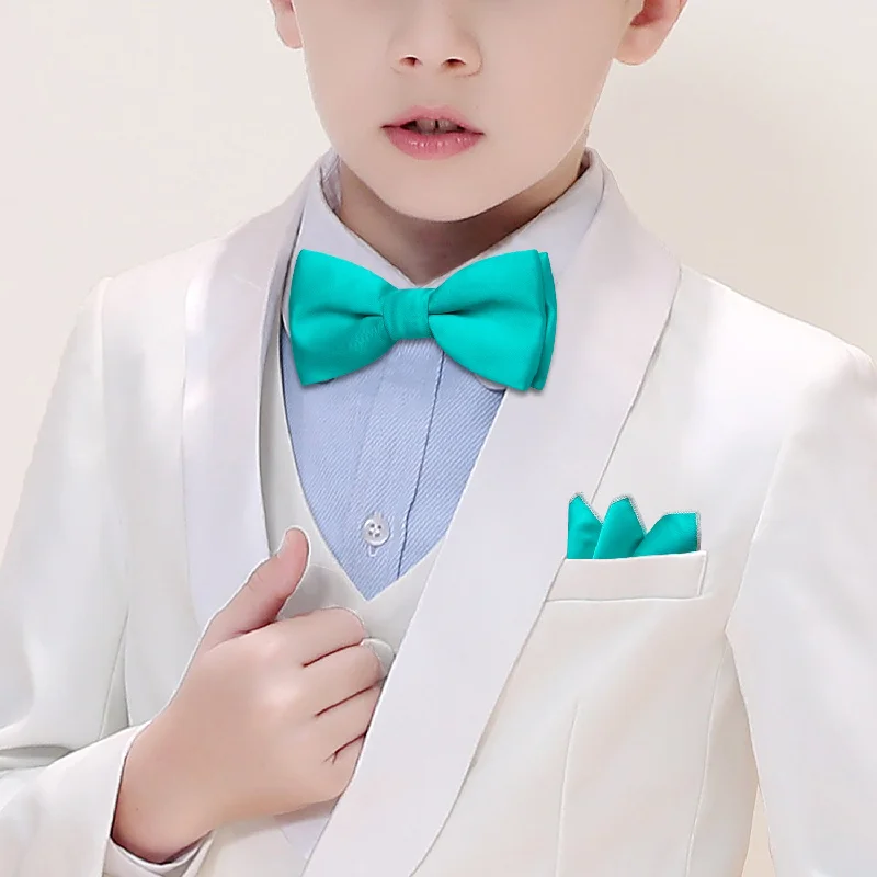 wedding silk necktie ideas-Children Aqua Solid Silk Pre-tied Bow Tie Pocket Square Set