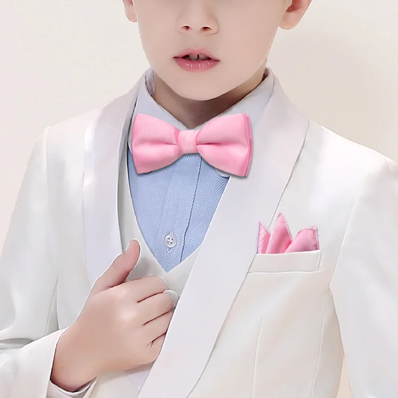 elegant business tie combinations-Children Baby Pink Solid Silk Pre-tied Bow Tie Pocket Square Set