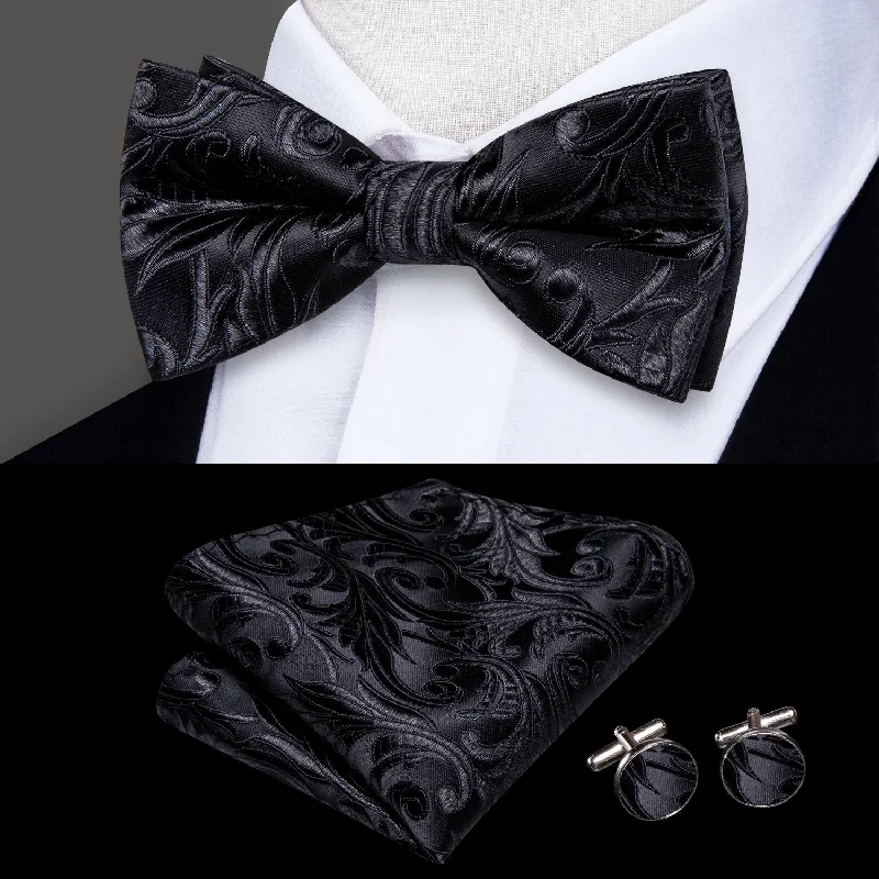 high-quality silk tie combinations-Children Black Floral Silk Pre-tied Bow Tie Pocket Square Cufflinks Set