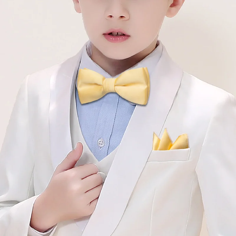 unique necktie combinations for men-Children Cream Yellow Solid Silk Pre-tied Bow Tie Pocket Square Set