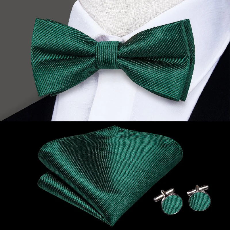 men's silk necktie sets for business-Children Dark Green Solid Silk Pre-tied Bow Tie Pocket Square Cufflinks Set