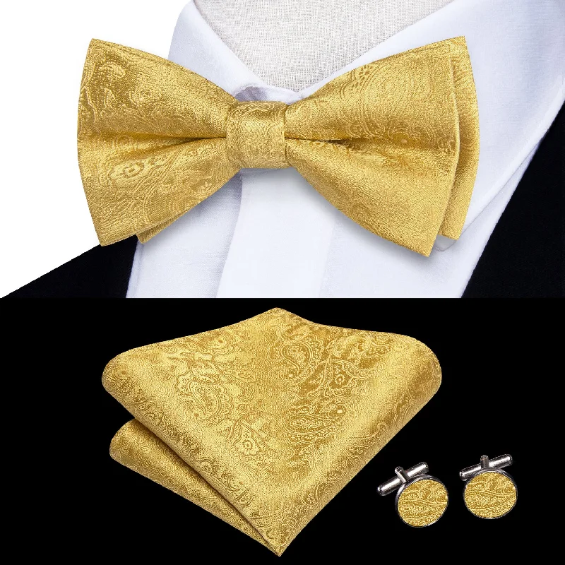 unique patterns in silk ties-Children Gold Paisley Silk Pre-tied Bow Tie Pocket Square Cufflinks Set