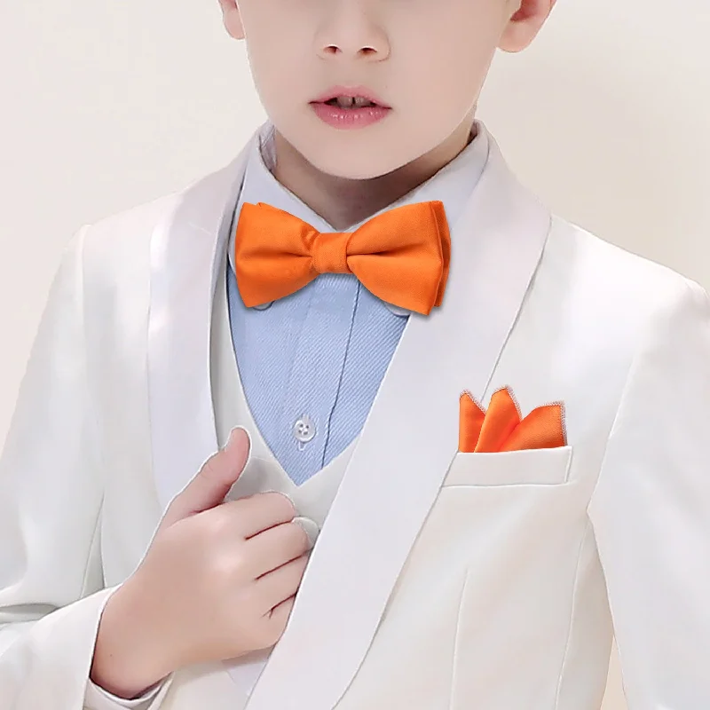 trendy silk necktie patterns-Children Orange Solid Silk Pre-tied Bow Tie Pocket Square Set