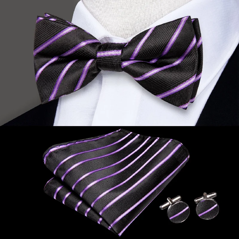 luxury wedding silk necktie sets-Children Purple Black Striped Silk Pre-tied Bow Tie Pocket Square Cufflinks Set