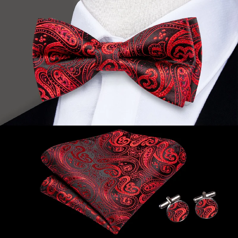 premium necktie designs for office wear-Children Red Black Paisley Silk Pre-tied Bow Tie Pocket Square Cufflinks Set