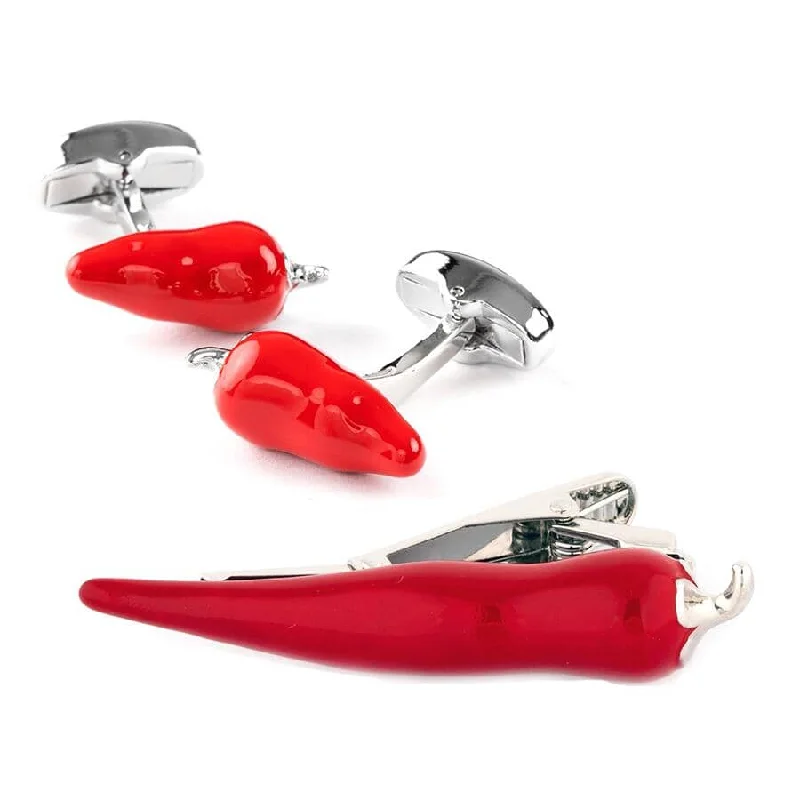 classic color ties for men-Chilli Pepper Red Cufflinks & Tie Clip Set