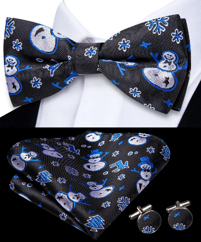 men's tie accessories-Christmas Black Blue White Snowman  Pre-tied Bowtie Pocket Square Cufflinks Set