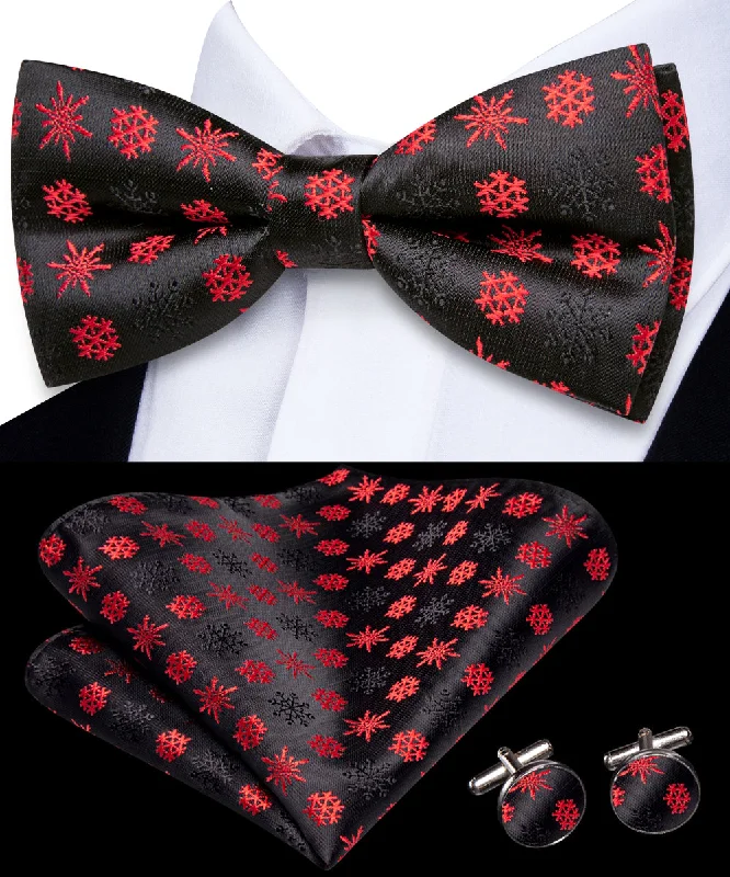 fashion-forward neckties-Christmas Black Red Snow Pre-tied Bowtie Pocket Square Cufflinks Set