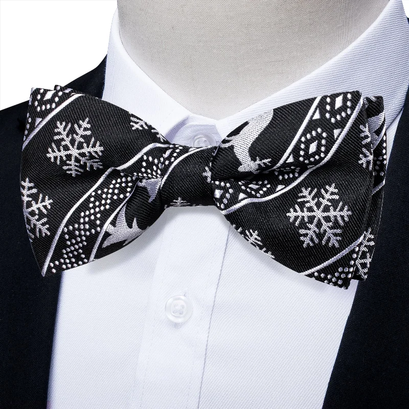 necktie designs for business events-Christmas Black White Elk Snow Novelty Men's Pre-tied Bowtie Pocket Square Cufflinks Set