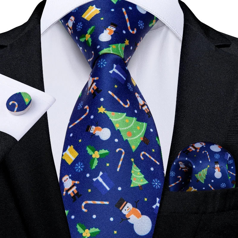 designer necktie sets for office wear-Blue Silk Santa Christmas Tree Men's Tie Pocket Square Cufflinks Set