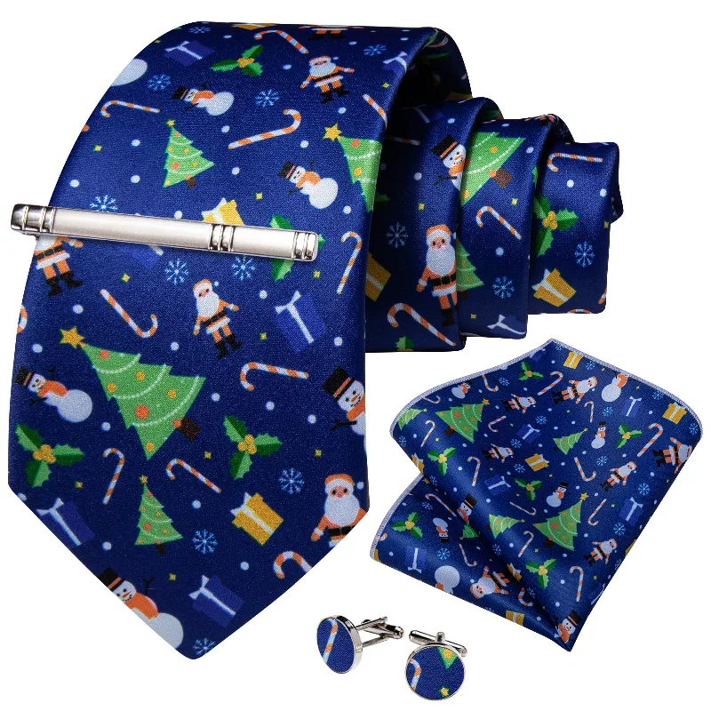 high-end silk tie sets for men-Christmas Novel Blue Men's Tie Handkerchief Cufflinks Clip Set