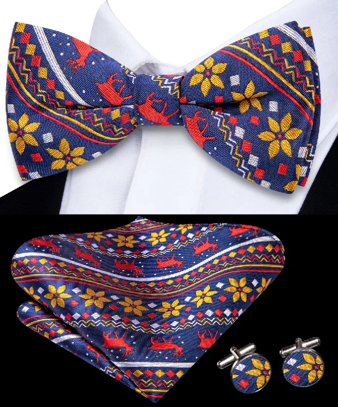 soft cotton ties-Christmas OceanBlue Red Deer Pre-tied Bowtie Pocket Square Cufflinks Set