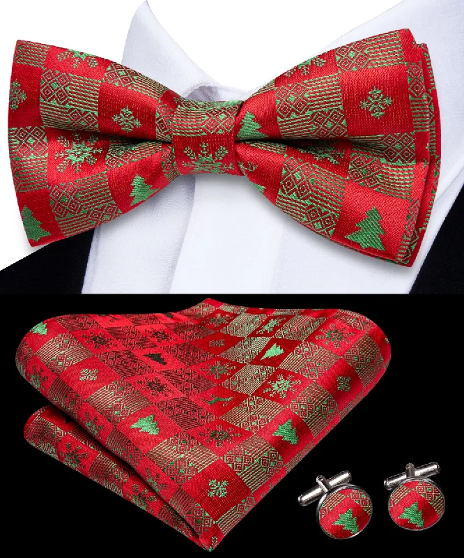 colorful bow ties for weddings-Christmas Red Green Tree Men Pre-tied Bowtie Pocket Square Cufflinks Set