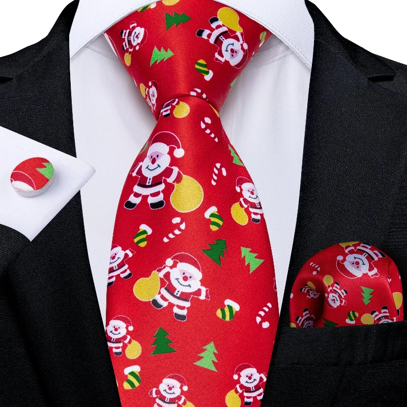 stylish necktie bundles-Christmas Red Santa Novelty Tree Men's Tie Pocket Square Cufflinks Set